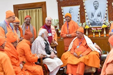 Modi was received by senior monks of the order after he reached Belur taking the river route from Kolkata. (Twitter image)