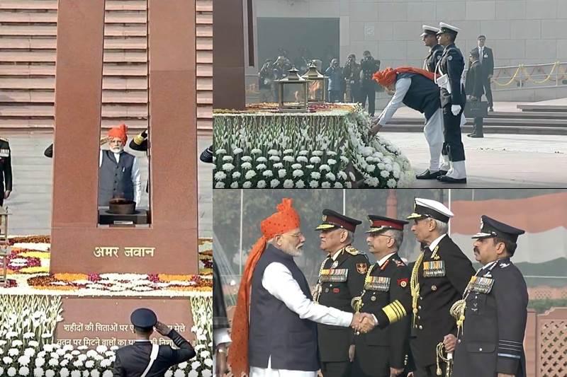 Before the beginning of Republic Day, Prime Minister Narendra Modi paid homage to the fallen soldiers at the National War Memorial. This was for the first time that tribute was paid at the memorial instead of the Amar Jawan Jyoti beneath the India Gate arch. The newly built 'National War Memorial'consists of four concentric circles- the 'Amar Chakra', 'Veerta Chakra', 'Tyag Chakra' and the 'Rakshak Chakra'. (Image: DD News)