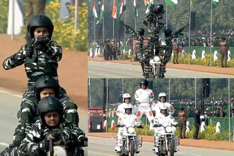 For the first time, an all-woman bikers contingent of the Central Reserve Police Force (CRPF) displayed daredevils acts during the parade. The contingent was commanded by Inspector Seema Nag. (Image: DD National)