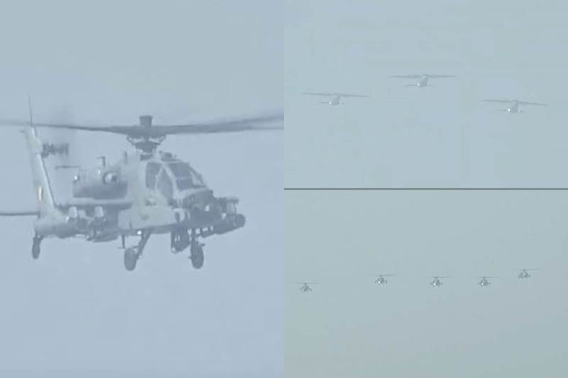 For the first time, heavy-lift helicopter Chinook and attack helicopter Apache also participated in the Republic Day flypast today. The Chinook helicopter is a twin-rotor helicopter which can airlift diverse loads in remote locations while the Apache helicopter is a versatile helicopter. The Apache helicopter is capable of firing air to air and air to ground missiles, rockets and front gun aided through fire control radar. (Image: DD National)