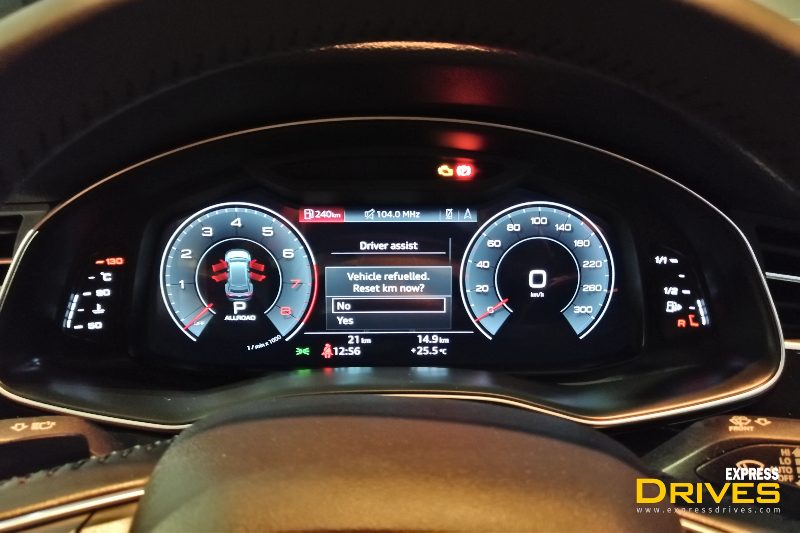 The Audi Q8 comes with a 12.3-inch virtual cockpit instrument cluster. It has two views which can be switched with the help of the controls on the steering wheel. The Audi also comes with a head-up display.