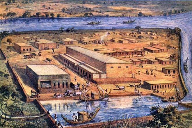 A re-imagining of life in Lothal ( a Harappan era port) 4,000 years ago, by S. R. Rao, depicting the town plan, bead factory, and warehouse.