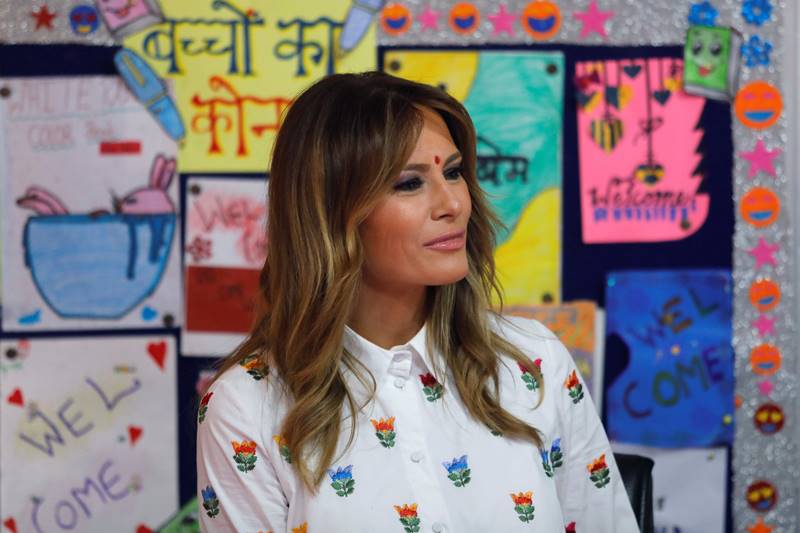 melania trump in india images, melania trump dress, melania trump fashion, melania trump dress images, melania trump india visit, delhi school, taj mahal, sabarmati ashram, motera stadium, namaste trump