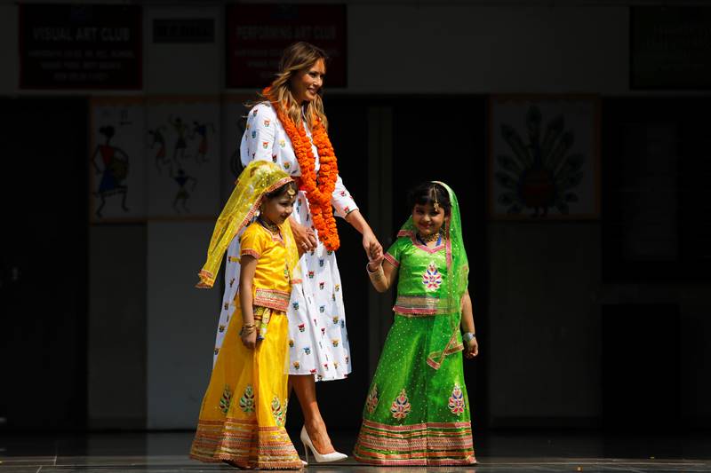 melania trump in india images, melania trump dress, melania trump fashion, melania trump dress images, melania trump india visit, delhi school, taj mahal, sabarmati ashram, motera stadium, namaste trump