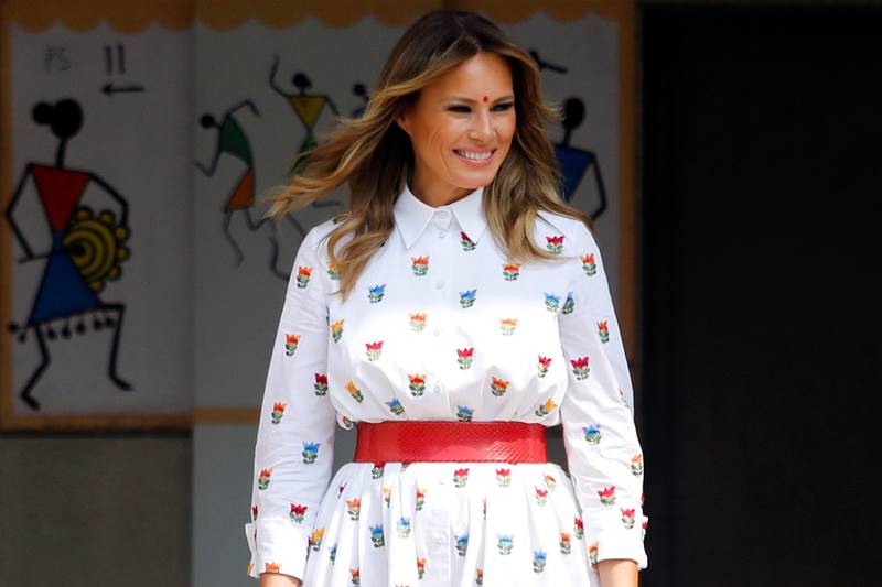 melania trump in india images, melania trump dress, melania trump fashion, melania trump dress images, melania trump india visit, delhi school, taj mahal, sabarmati ashram, motera stadium, namaste trump