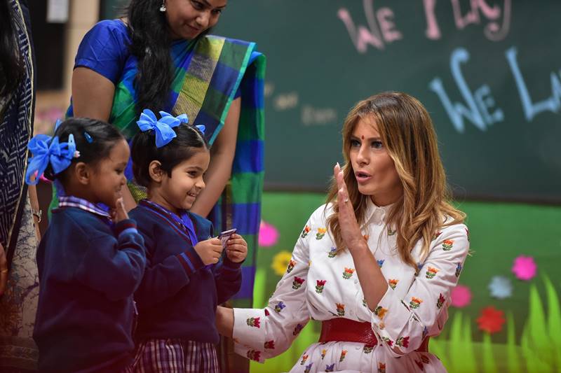 melania trump in india images, melania trump dress, melania trump fashion, melania trump dress images, melania trump india visit, delhi school, taj mahal, sabarmati ashram, motera stadium, namaste trump