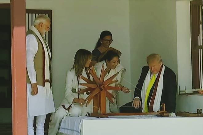 Namaste Trump, sabarmati Ashram, Trump charkha, melania trump, trump message visitor book