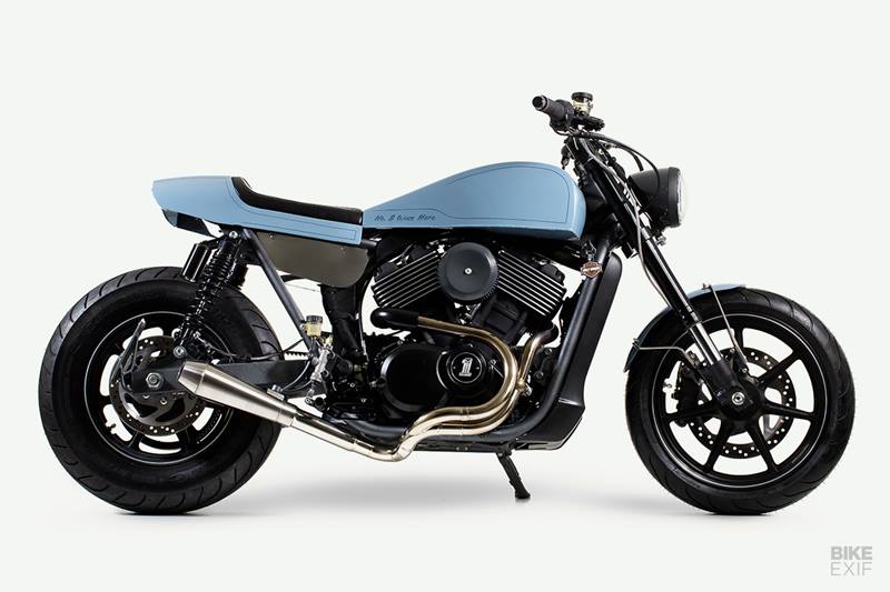 Colin's build focuses on the Street 750's V-twin without any clutter over the view. The new rear end os short, with repositioned shock mounts on both the frame and swing arm, but still provides protection from road muck. The new fuel tank and seat cowl are built from aluminium. (Image: Bikeexif)