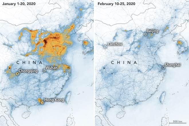 Maps created using data from NASA and ESA satellites show NO2 values across China from January 1-20 (before the quarantine) and February 10-25 (during the quarantine). (Image: NASA Twitter)