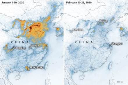 Maps created using data from NASA and ESA satellites show NO2 values across China from January 1-20 (before the quarantine) and February 10-25 (during the quarantine). (Image: NASA Twitter)