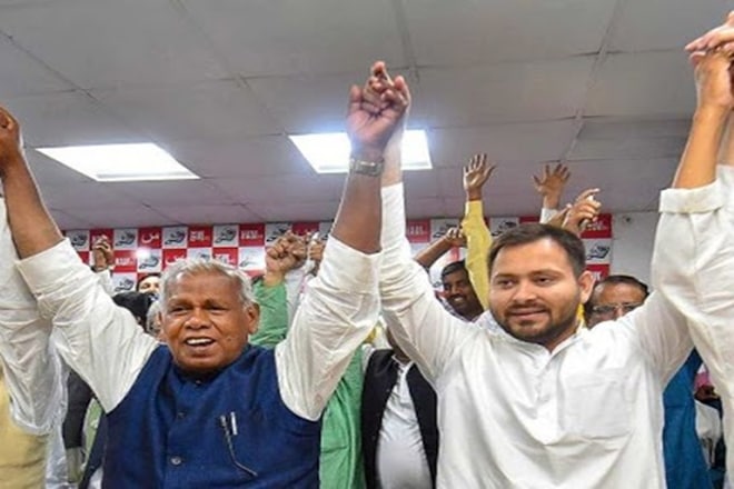 Jitan Ram Manjhi and Tejashwi Yadav together at an event. (File Photo) The grand alliance in Bihar has been in tatters after last year's Lok Sabha elections when it lost all but one of the 40 seats in the state. 