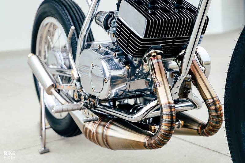 The 195cc air-cooled parallel twin was refurbished and polished. It now runs on an electronic ignition system instead of the original coil and points setup. The engine gets a bit of a power boost from its larger expansion chambers in the 2-into-2 stainless steel exhaust pipework. (Photo: Bikeexif)