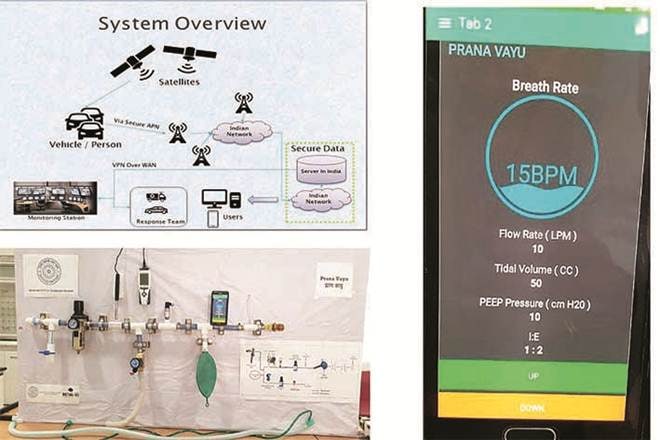 (Above & bottom left) Prana Vayu ventilator, (top left) Raven Eye’s surveillance app