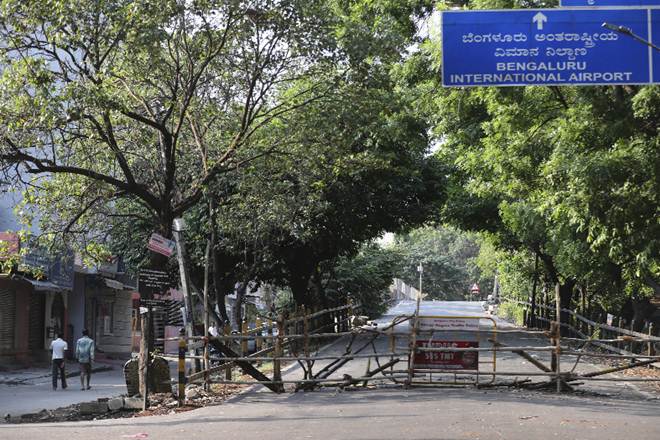 A makeshift barricade blocks the entry to a containment area during the lockdown in Bengaluru (AP Photo)