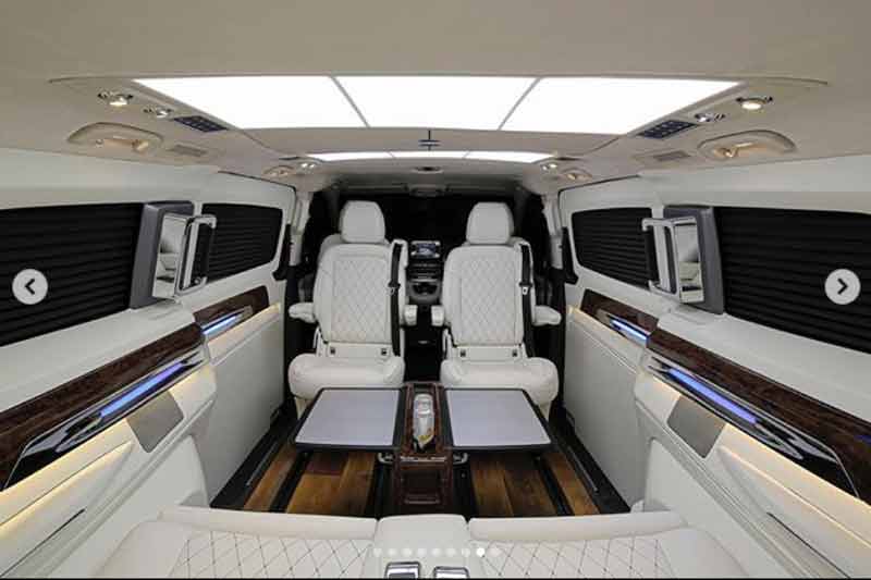 The images show an entirely overhauled rear cabin that has been lined with the highest levels of luxury. DC has given the V-Class Nappa Leather upholstery, roof lighting, a foldable table, wooden flooring, a mini-fridge, and a 32-inch screen TV.