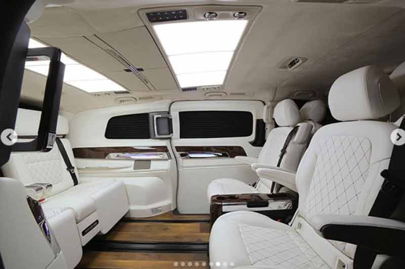 The four seats in the customised kit are finished in white Nappa leather. The two main seats at the rear are recliners. The seats are controlled electronically via buttons on the centre arm-rests and can be controlled individually. The other two are rear-facing jump seats.