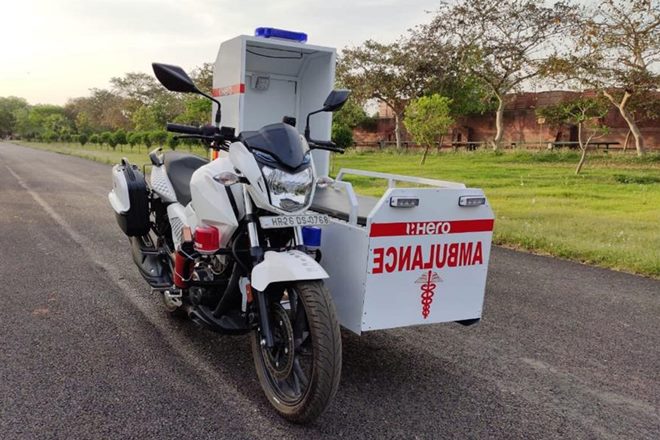 Motorcycle ambulance with sleeping arrangement, medical aids for Covid-19