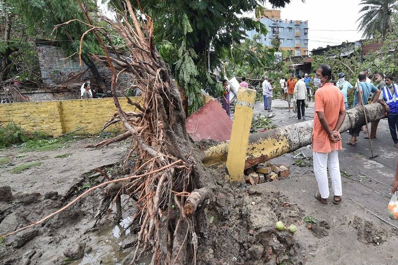 Kolkata: Passersby look at an uprooted tree after the super cyclone 'Amphan' passed the area, in Kolkata. (PTI Photo)