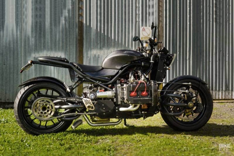 Madboxer: It must've been fairly easy naming this bike. It is powered by a Subaru boxer and it is a mad idea to put that engine on a bike. It is a turbocharged EJ25 out of a second generation WRX, to be precise, paired with a modified Japanese two-speed automatic transmission. The Madboxer is strangely a very cool-looking machine, especially with the center steer hub and swing arms. (Source: Bikeexif)