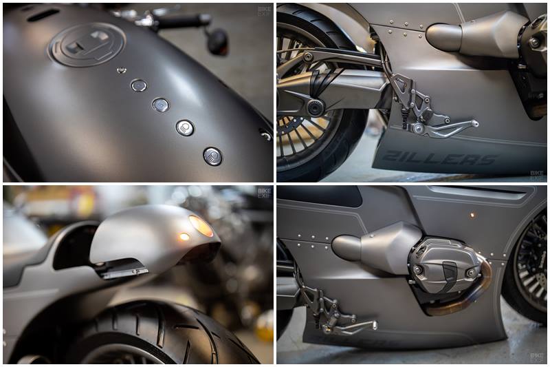 The big arch is the highlight of the design and it also is a functional cockpit complete with a Motogadget Motoscope Mini Speedo and a set of push buttons. The head and tail lamps have been integrated in the bodywork and there's even slide-out storage compartment in the tail which has a phone charging port and a socket to plug a battery charger into. (Source: Bikeexif)
