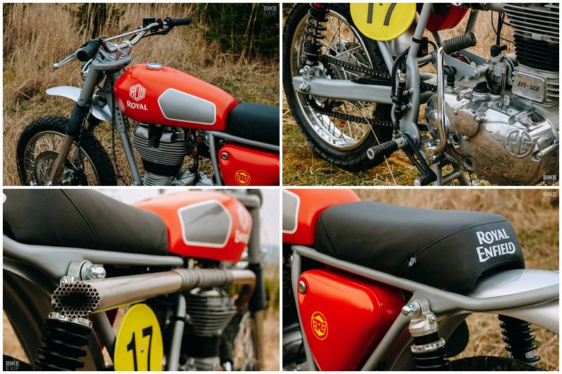 With the Royal Enfield Bullet 500 missing the rear half of its bobber-style frame, David went to rebuild it with upright dynamics and added long YSS shocks. New upper fork sleeves and headlight mounts were fabricated and the top yoke redesigned for traditional risers. The new look was finished with a new headlight, a vintage-style number board, and classic handlebars.