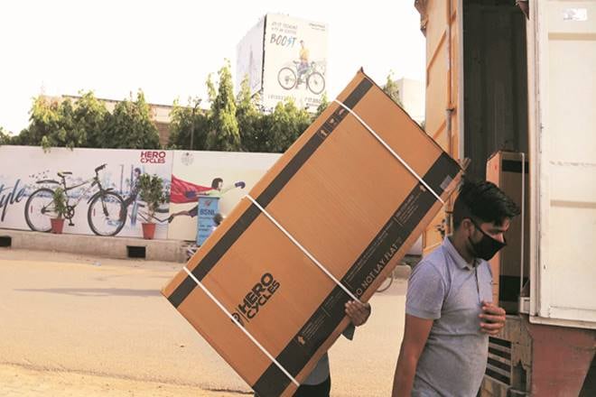 Cycles being lodded in truck at Hero Cycles in Ludhiana.Express Photo by Gurmeet Singh