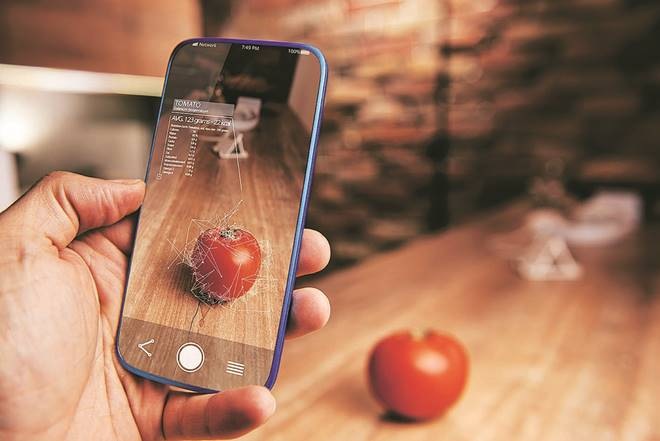 Men using artificial intelligence on smart phone with augmented reality application for recognizing food