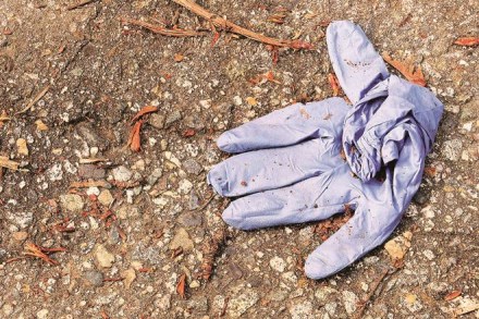 A blue protective glove that has been thrown away. A blue protective glove that has been thrown away.