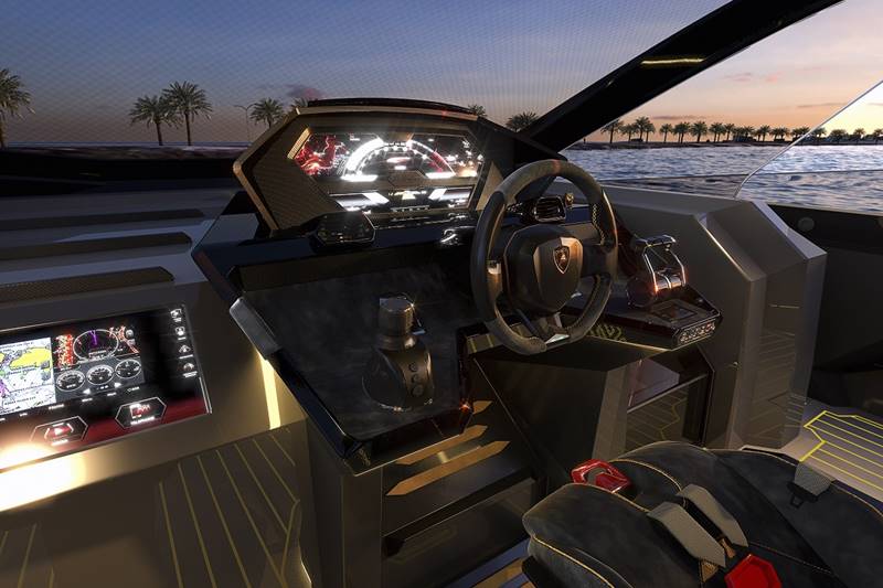 The motor yacht’s instrument panel is reminiscence of Lamborghini car cockpit in a nautical style, with integrated navigation and control systems. Details are finished in carbon fibre, with Lamborghini’s Carbon Skin used in the sports seats and osteering wheel. It gets two start/stop buttons (one for each engine) which are exactly the same used in Lamborghini cars. The first boat will be available at the beginning of 2021.