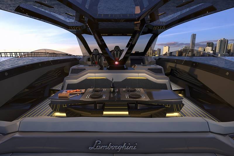 On the inside, the Tecnomar for Lamborghini 63 combines super-performing materials for weight and function and Made in Italy Lamborghini design heritage. It showcases clean lines, hexagon shapes, Y-motif and materials highlighting the association to Lambo clearly. The interior colours and materials are fully customisable under Lamborghini’s Ad Personam programme.