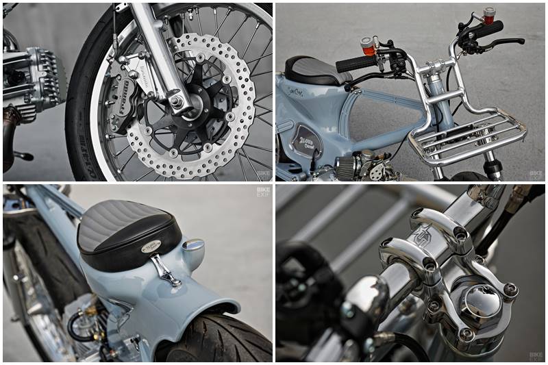 Up front, it gets forks from a SYM Wolf—a 250 cc commuter popular in Taiwan. 2LOUD shortened and polished them, then laced up a pair of 18F/17R aluminum rims, with stainless steel spokes and a SYM front hub. The front brake was upgraded with a caliper, master cylinder and whopping 300 mm disc, sourced from local brand Frando.