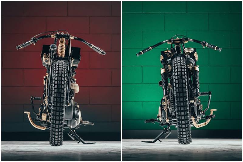 This modified Royal Enfield Bullet has plenty of handcrafted pieces, like its split fuel tank that holds electronics in one half and fuel in the other, along with the aluminum wings that it adorns and the winged fuel cap, and the speedo and the amp meter that are embedded up top.