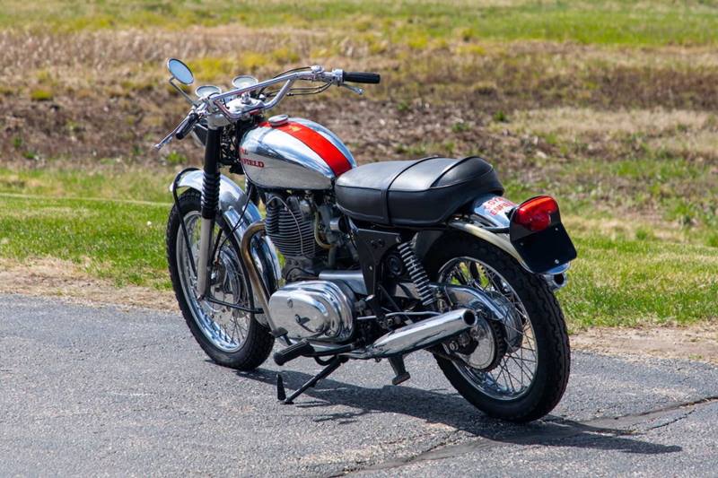 In 1962, Royal Enfield rolled out the 750 Interceptor which went through substantial generation changes before going out of production in 1970. The model pictured here is a 1968 model which was cosmetically restored in 2017 but also has a new clutch, brakes, tyres and cables.