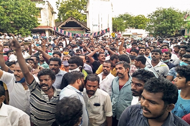 Villagers in Tamil Nadu's Tuticorin stage protest against the death of Jayaraj and his son J Bennicks (PTI Image) Villagers in Tamil Nadu's Tuticorin stage protest against the death of Jayaraj and his son J Bennicks (PTI Image)
