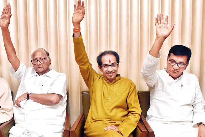 NCP chief Sharad Pawar, Shiv Sena supremo Uddhav Thackeray and Maharashtra Congress chief Balasaheb Thorat. (File. PTI)
NCP chief Sharad Pawar, Shiv Sena supremo Uddhav Thackeray and Maharashtra Congress chief Balasaheb Thorat. (File. PTI)