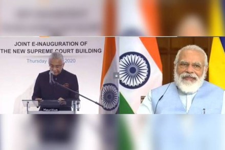 Prime Minister Narendra Modi and Mauritian PM Pravind Jugnauth during the video conferencing. (Source: Twitter/ANI)