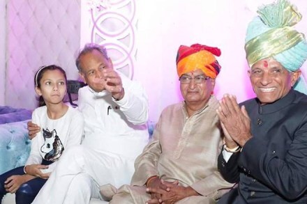 Rajasthan Chief Minister Ashok Gehlot with this brother Agrasen Gehlot (yellow turban) at a private event. (Photo IE)