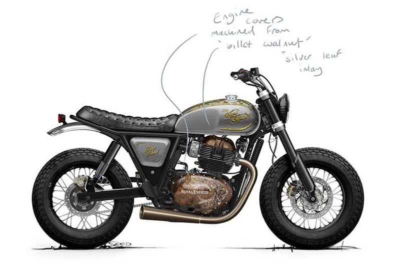 Out of all the sketches, the model that appealed to us the most is this flat-tracker. As you can see in the picture, there are no fenders at the front & rear and the short, trimmed exhaust looks fantastic. However, the biggest highlight here is the 'walnut' wooden finished engine cover that looks nothing less than a piece of art. (Image source: The Bike Shed - Facebook)