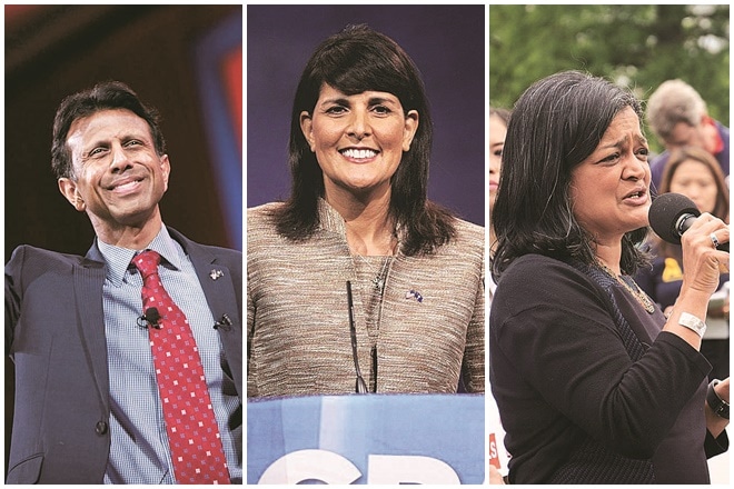 Bobby Jindal, Nikki Haley and Pramila Jayapal (Left to Right)
