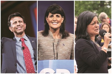 Bobby Jindal, Nikki Haley and Pramila Jayapal (Left to Right)
