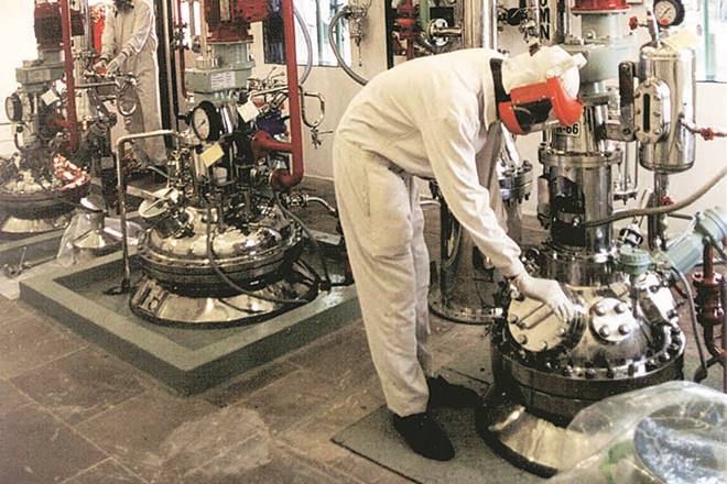 An employee of Cipla LTD works in the steroid manufacturing area of the Kurkumb, India, facility October 1, 2001. Fluticason and Proionate, drugs to control allergies, are manufactured here. Photographer: Santosh Verma/Bloomberg News.
