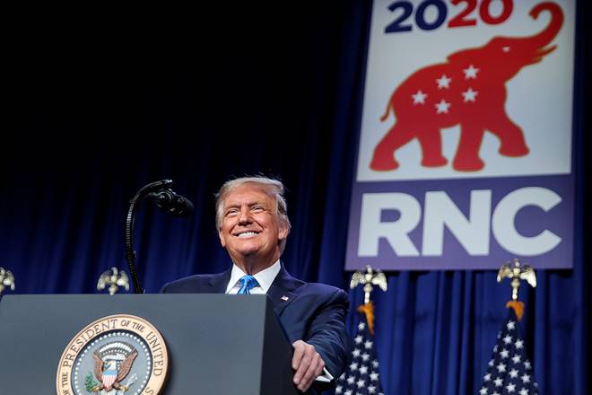 U.S. President Donald Trump addresses the first day of the Republican National Convention after delegates voted to confirm him as the Republican 2020 presidential nominee for reelection in Charlotte, North Carolina, U.S., August 24, 2020. REUTERS/Carlos Barria TPX IMAGES OF THE DAY U.S. President Donald Trump addresses the first day of the Republican National Convention after delegates voted to confirm him as the Republican 2020 presidential nominee for reelection in Charlotte, North Carolina, U.S., August 24, 2020. REUTERS/Carlos Barria TPX IMAGES OF THE DAY