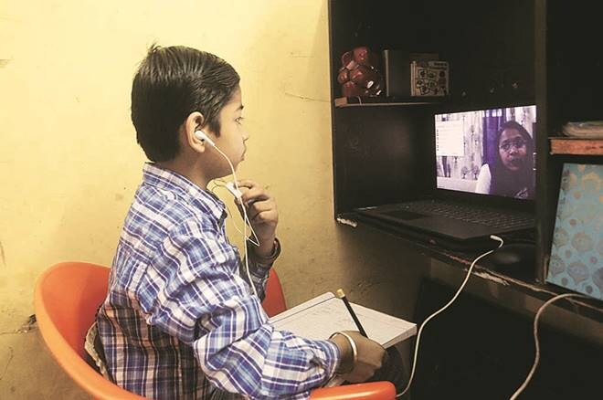 Students Study Online Class Teaches during the nationwide lockdown, imposed in the wake of COVID-19 pandemic in New Delhi. Express Photo By Amit Mehra 04 April 2020