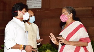 Finance Minister Nirmala Sitharaman (right) and BJP Rajya Sabha MP Jyotiraditya Scindia (left) at Parliament House on the opening day of Monsoon Session, in New Delhi (Image:PTI)