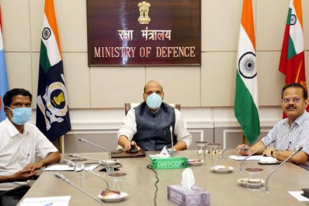 Raksha Mantri Shri Rajnath Singh launching the Aero India 2021 website (https://aeroindia.gov.in) on Friday, September 11, 2020. Also seen is Secretary (Defence Production) Shri Raj Kumar. The biennial exhibition will be held from February 03-07, 2021 at Air Force Station, Yelahanka, Bengaluru in Karnataka.