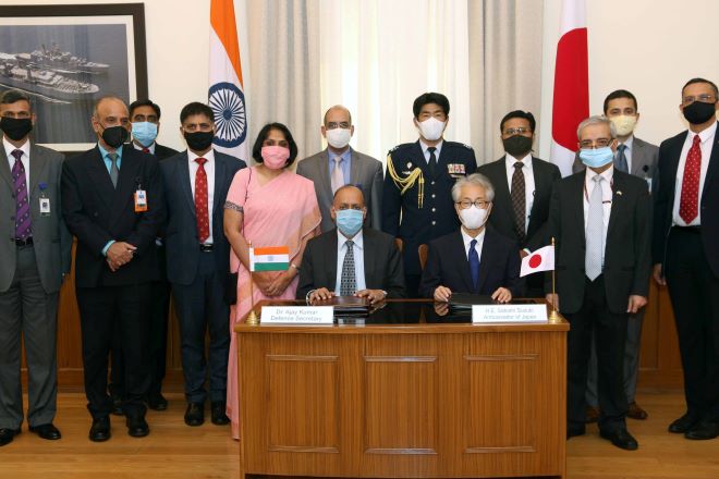 Defence Secretary Dr Ajay Kumar and Ambassador of Japan Mr Suzuki Satoshi during the signing an Agreement between the two countries on Reciprocal Provision of Supplies and Services between the Armed Forces of India and The Self-Defense Forces of Japan, in New Delhi on Wednesday, September 09, 2020. The agreement establishes the enabling framework for closer cooperation in reciprocal provision of supplies and services while engaged in bilateral training activities, United Nations Peacekeeping Operations, Humanitarian International Relief and other mutually agreed activities.