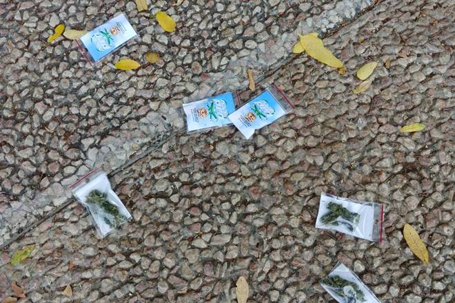 Packets that were dropped from a drone over a main Tel Aviv square and which Israeli police suspect contained cannabis are seen on the ground in Tel Aviv, Israel September 3, 2020. Israel Police/Handout via REUTERS THIS IMAGE HAS BEEN SUPPLIED BY A THIRD PARTY. Packets that were dropped from a drone over a main Tel Aviv square and which Israeli police suspect contained cannabis are seen on the ground in Tel Aviv, Israel September 3, 2020. Israel Police/Handout via REUTERS THIS IMAGE HAS BEEN SUPPLIED BY A THIRD PARTY.