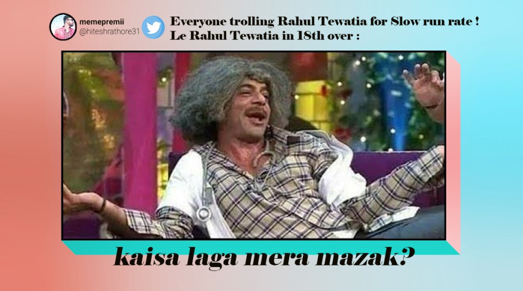 Rahul Tewatia (53 of 31 balls and 7 sixes), who was struggling to connect the ball after being pushed up the order ahead of the likes of Robin Uthappa, suddenly shifted gears. Image source: Twitter@ICC Rahul Tewatia (53 of 31 balls and 7 sixes), who was struggling to connect the ball after being pushed up the order ahead of the likes of Robin Uthappa, suddenly shifted gears. Image source: Twitter@ICC