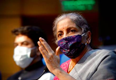 Finance Minister Nirmala Sitharaman addresses a press conference in New Delhi. (AP Photo)
