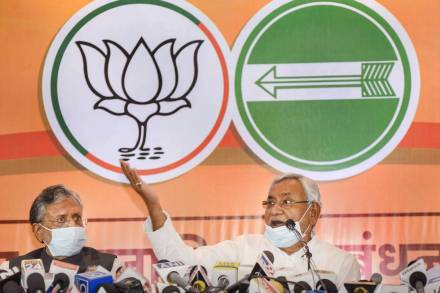 Janta Dal United National President and Bihar Chief Minister Nitish Kumar with BJP senior leader and Dy CM Sushil Kumar Modi during a press conference ahead of Bihar Assembly election, in Patna. (PTI Photo)